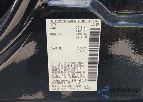 2019 Nissan Altima 2.5 Sv из США, поврежденный, VIN 1N4BL4DWXKC194615